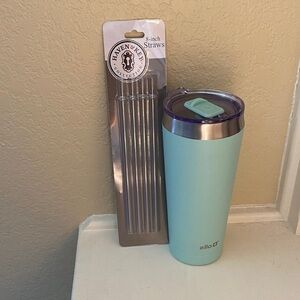Ello Mint Green Stainless Steel Travel Tumbler with 4 pack of straws.